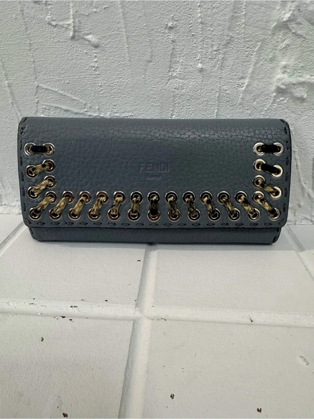 Fendi Gray-Blue Leather Selleria Wallet Full Set